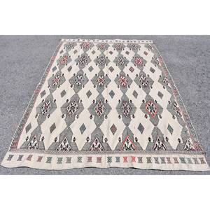 พรมสไตล์ตุรกีโบราณชาติพันธุ์5.5x7.8ฟุตผ้าขนสัตว์สีขาวคลาสสิกลายสี่เหลี่ยมปะต่อ3D ห้องอาหารน้ำยาง - Product Image 1