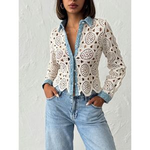 Camisa Azul Claro de Manga Larga para Mujer TOPSHOW con Detalle de Encaje y Botones de Perla, Blusa de Algodón al por Mayor para Damas - Product Image 4