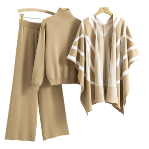 ชุดสูทแฟชั่นฤดูใบไม้ร่วงฤดูหนาวของผู้หญิงชุดเสื้อสเวตเตอร์แบบสวมศีรษะคอสูง3ชิ้นเสื้อกั๊กถักคอวีชุดกางเกงเอวยางยืดทรงหลวม - Product Image 3