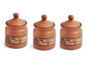 Warli Village Tales ชุดเหยือกน้ำดองเซรามิกอเนกประสงค์พร้อมที่จับไม้ชุดหม้อเครื่องปรุงอาหาร3ชิ้นเซรามิก - Product Image 4