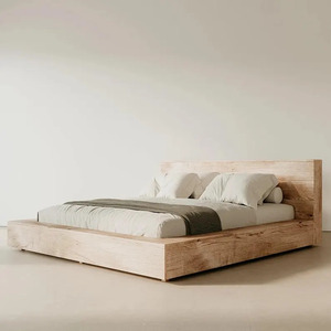 Cadre de lit plateforme en bois massif, style minimaliste moderne, tête de lit rembourrée à profil bas, mobilier de chambre d'hôtel - Product Image 6