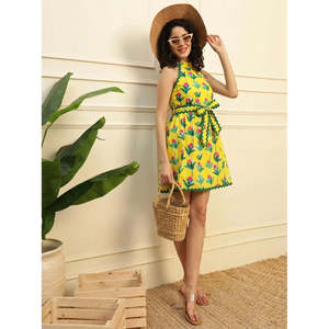 Deebaco Women's Yellow Floral Print Halter Sleeveless Mini Sundress Ruffle Hem A-Line Regular Fit Summer Casual Washable Cotton - Product Image 1
