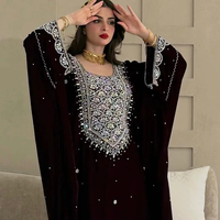 AWAIS HOUSE Kaftan Dubaï Grande Taille Perlé à la Main avec Paillettes Tissu Polyester Georgette Longueur Ras du Sol Manches Longues Léger Musulman
