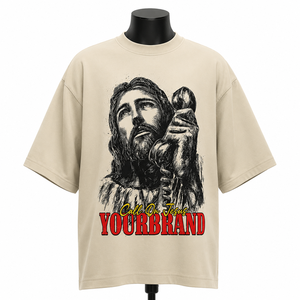 เสื้อยืดแขนสั้นผู้ชายสีเบจทรงโอเวอร์ไซส์ พิมพ์ลายด้านหน้า คอกลม ผ้าคอตตอนเจอร์ซีย์ สวมใส่สบาย สไตล์สตรีท - Product Image 1