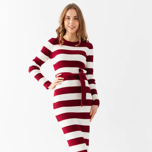 Women Knitwear Crew Neck <b>Dress</b> Long Sleeve Flexible Striped <b>Warm</b> Belt Detail High Quality <b>Winter</b> New Fashion OEM Services - Product Image 1