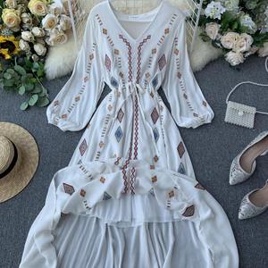 Último bordado vestido largo vestido de tela de algodón 100% de manga completa ajustable V-cuello, ropa casual - Product Image 6
