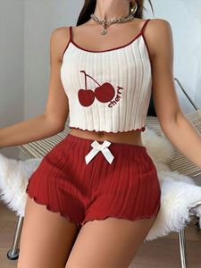 Ensemble de vêtements de nuit pour femmes en dentelle sans couture sexy à motif de cerises mignonnes de <span class=keywords><strong>dessin</strong></span> <span class=keywords><strong>animé</strong></span>, débardeur sans manches et short en deux pièces pour la maison en été - Product Image 6