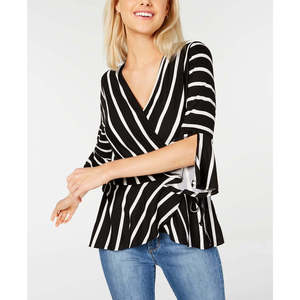 BCX Juniors' Casual Striped <b>Wrap</b> Top in <b>Black</b> Size Small Breathable Design - Product Image 1