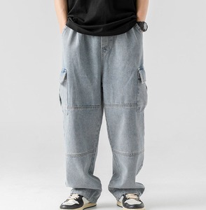Jeans pour hommes grande taille de haute qualité, cordon de serrage, taille mi-haute, lavage à l'acide, ample, logo personnalisé, denim droit, pantalon cargo évasé - Product Image 4
