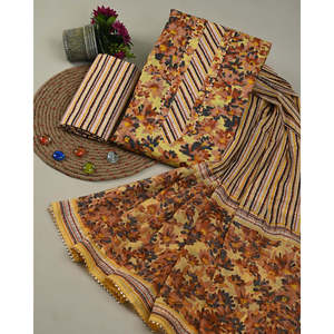 Ochre Yellow Floral Printed Pure Cotton Unstitched Dress Material <b>Gota</b> Work Angrakha Style Free Size (SHKS1213) - Product Image 1