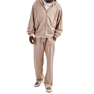 ชุดเซ็ตแทรคสูทผู้ชายสีสโตน ฮู้ดดี้ทรงบ็อกซี่โอเวอร์ไซส์ ผ้าทอคุณภาพสูง ซิปผ่าด้านนอก ตะเข็บโชว์ ลุคย้อมสีเอซิด สำหรับฤดูหนาว - Product Image 4