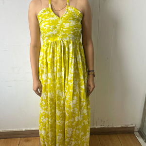 เดรสเอ็มไพร์สายเดี่ยวพิมพ์ลายดอกไม้มีพู่ปักลายสายยาวผ้าฝ้ายสีเขียวมะนาวหวานโรแมนติกน่ารักสำหรับฤดูใบไม้ผลิฤดูใบไม้ร่วง - Product Image 1