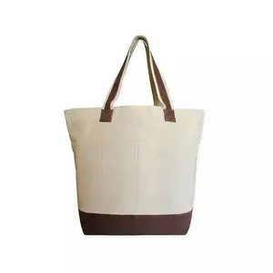 Custom New Fashion Cotton Shopping Bag Large Canvas Tote Bag With Leather Straps Handle