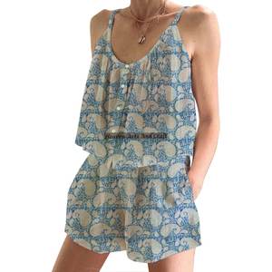 Conjunto de Pijama de Algodón Estampado a Mano al por Mayor para Primavera/Verano, Conjunto de Pijama Floral Ajustado sin Mangas con Tirantes - Product Image 6