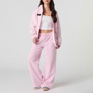 Haute qualité personnalisé femmes sweat à capuche zippé joggers fermeture éclair complète survêtement coton polaire 2-Pc salon ensembles imprimé course costume - Product Image 1