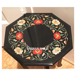 Travail incrusté décoratif de forme octogonale en marbre noir pur de haute qualité personnaliser le dessus de table à manger au meilleur prix économique pour l'acheteur - Product Image 1