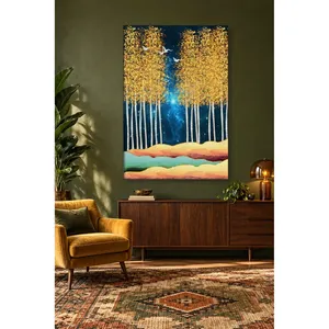 Impression sur toile Forêt de bouleaux aux feuilles dorées de Fida sous une nuit étoilée - Product Image 4