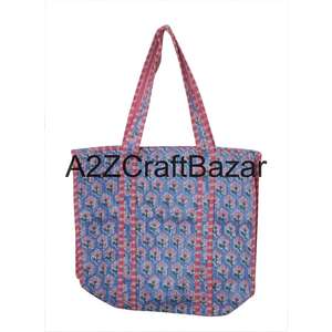 Bolsa de Compras Acolchada de Algodón 100% Puro Ecológica, Diseño a Rayas con Estampado de Bloques Hecho a Mano, Estilo Boho, Uso Diario, Exhibición Prolongada - Product Image 1