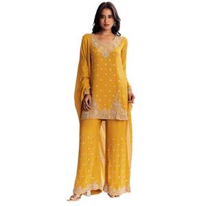 Chinon Kurta Palazzo Costume Avec Cutdana Paillettes Et Fil Travail En Gros Femmes Ethnique OEM Vêtements Usine Fournisseur En Vrac De Mode - Product Image 4