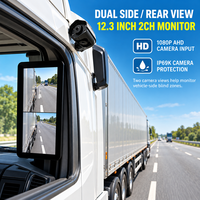 Moniteur de caméra de rétroviseur latéral 2 canaux 12,3 pouces 1080P AHD IP69K avec système de détection d'angle mort à double objectif pour flotte de camions et bus commerciaux