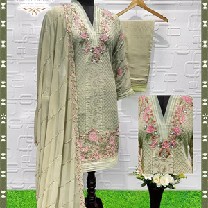 Georgette Winter Salwar Kameez Set Pantalones de seda cruda elegantes Khatli Work Top bordado Dupatta en 4 colores de moda - Product Image 1