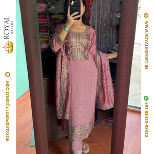 Lancement de la nouvelle collection de vêtements de soirée de créateur Look Pure Chinon Silk Top Bottom et Dupatta Set - Product Image 1