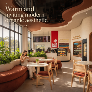 Set di Arredamento per Negozio di Caffè con Sedia in Rattan, Bancone ad Arco, Soffitto Ondulato e Parete Scanalata per Caffetteria Specializzata - Product Image 2