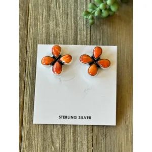 Southwest Made Spiny Oyster & <b>Sterling</b> <b>Silver</b> Flower <b>Stud</b> <b>Earrings</b> - Product Image 1