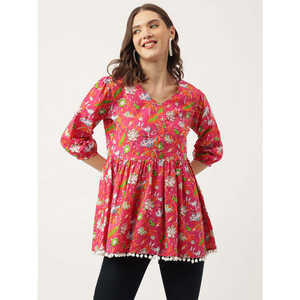 Divena Floral Impreso Algodón Peplum Top Stand Collar Tejido Botón Personalizado Western Casual para Trabajo XS XL para Verano Otoño - Product Image 4