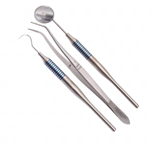 Ensemble d'examen dentaire de base MEDZORA SURGICAL, kit de 3 pièces, miroir, explorateur, pince, source d'alimentation manuelle, acier inoxydable - Product Image 1