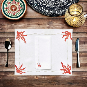 Juego de Manteles Individuales y Servilletas de Coral Rojo Bordados Lavables al por Mayor Personalizados, Manteles de Lino Blanco con Borde Dorado para Eventos de Boda en Casa - Product Image 1