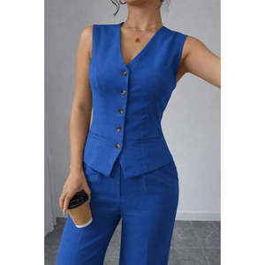 Ensemble deux pièces en lin pour femmes, chemisier sans manches boutonné devant et pantalon, 37767 - Bleu - Product Image 5