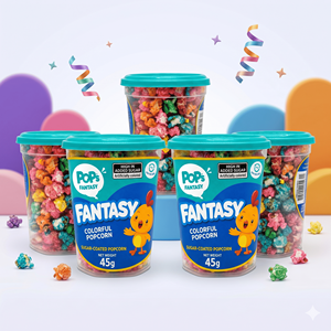 Pop's Fantasy Popcorn Gourmand Coloré Caramelisé, Snack Sucré Brésilien, Tasse de 45g - Product Image 1