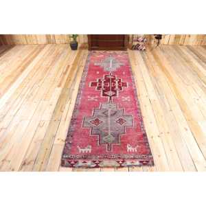 พรมตุรกีวินเทจ ขนาด 3.2x9.7 ฟุต (98x297 ซม.) ลายตารางสีแดงเทา Herki - Product Image 1