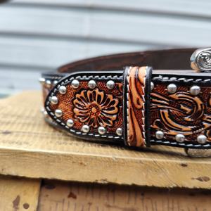 Ceinture en cuir occidentale usinée à la main Ceinture de cow-boy perlée du sud-ouest Ceinture de rodéo à boucle en argent vintage au meilleur prix - Product Image 5