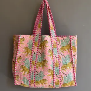 Hand block Printed Indian Handmade Cotton Shopping Tote bag Women Tote Bag Handmade Block Printed Quilted Shoulder Bag'