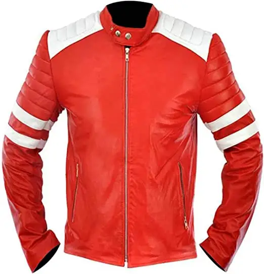 Jaket Bomber bergaris-garis putih pria desain mode baru jaket kulit sintetis merah pengendara sepeda untuk pria jaket Bomber bertatah pengendara sepeda