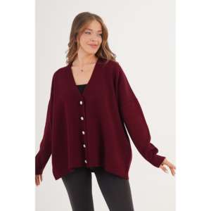 Cárdigan Borgoña al por Mayor con Detalle de Botones, Corte Holgado, Estilo Casual para la Temporada de Otoño - Product Image 6