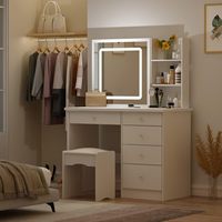 Coiffeuse de chambre principale haute capacité avec miroir LED blanc, cinq tiroirs, étagères ouvertes et tabouret