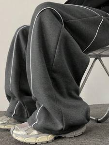 Pantalones de chándal de pierna ancha gris oscuro para hombre, 100% algodón, tela de pana pesada lavada, ajuste drapeado suelto, cordón de puntada curvada - Product Image 5