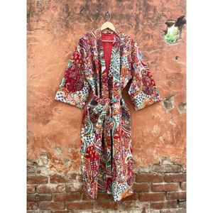 Kimono con estampado de cachemir, Kantha, ropa de dormir de algodón indio, albornoz, vestido Maxi hecho a mano, venta al por mayor - Product Image 3