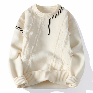 Pull en molleton tricoté à col rond, coupe classique, uni, hiver, décontracté, unisexe, blanc, polyester/coton - Product Image 2