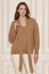Ensemble pull et écharpe en tricot oversize à col en V pour femme – Tenue d'hiver élégante et décontractée en mélange de laine, coupe ample, deux pièces - Product Image 2