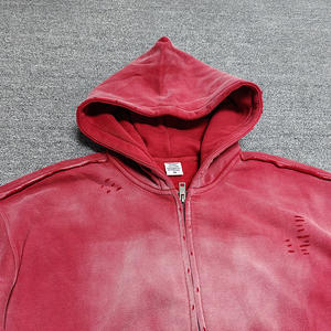 Fabricant vente en gros de haute qualité fermeture éclair Vintage soleil fané trou Streetwear sweat à capuche Stone Acid Wash Distressed Hoodie - Product Image 3