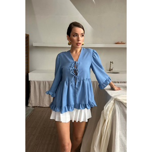 Blusa de Lino para Mujer con Lazo Frontal y Detalle de Volantes, Camisa Azul - Product Image 3
