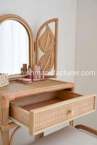 A dressing <b>table</b> and chair set for girls made of natural woven rattan, with leaf patterns, and a dressing <b>mirror</b>. - Product Image 3
