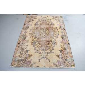 4x5.8 ft Accent Turkish Rug, Vintage Rug, <b>Brown</b> Purple Check <b>Wool</b> Rug - Product Image 3