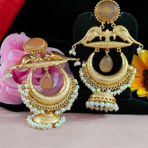 Luxurious Moissanite Stone Brass Chandbalis with <b>Jhumkas</b> Elegant <b>Earrings</b> for Weddings Festivals or Special Gatherings - Product Image 3