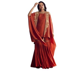 Abito Sharara di seta arancione con mantello Zari ricamato per le donne indiano tradizionale festa festa indossare abito da sposa - Product Image 3