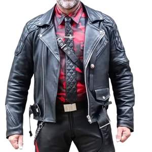 Esta es una chaqueta de uniforme de motociclista de cuero genuino de vaca negro con paneles acolchados en los hombros y los brazos. - Product Image 5